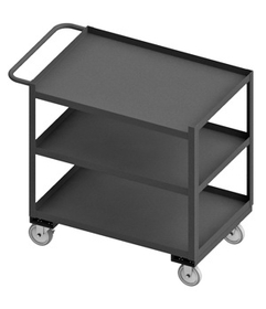 Durham RSC-2436-3-1TLD-95 Rolling Service Cart with 5" x 1-1/4" Polyurethane casters, (2) rigid and (2) swivel with side brakes, 3 shelves, top surface have 1" lip down, 3 have 1-1/2" lips up
