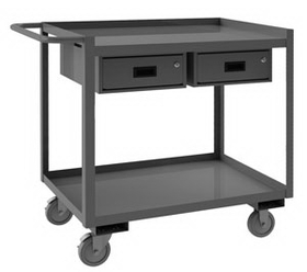 Durham RSC-2448-2-2DR-95 Rolling Service Cart, 5" x 1-1/4" Polyurethane Casters, (2) rigid, (2) swivel with side breaks, with 2 drawers and 2 shelves, 1-1/2" lips up on both shelves