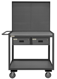 Durham RSC-2448-2-PB-2DR-95 Mobile workstation with 5" x 1-1/4" Polyurethane casters, (2) rigid, (2) swivel with side brakes, 2 shelves, 2 drawers, 1-1/2" lips up on both shelves