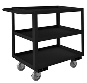 Durham RSC-244833-3-4PU-08T Rolling Service Cart, 4" x 1-1/4" Polyurethane casters, (2) rigid and (2) swivel with side brakes, 3 shelves, 1-1/2" lips up on all shelves and tubular handle