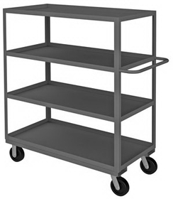 Durham RSC-244860-4-3K-95 Rolling Service Cart with 6" x 2" Phenolic casters, (2) rigid and (2) swivel, 4 shelves, 1-1/2" lips up on all shelves and a tubular push handle