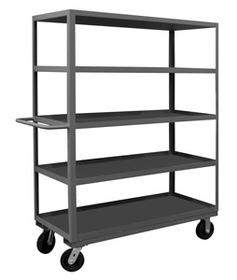 Durham RSC-244868-5-3K-95 Rolling Service Cart with 6" x 2" Phenolic casters, (2) rigid and (2) swivel, 5 shelves, 1-1/2" lips up on all shelves and a tubular push handle
