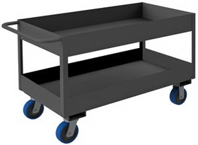 Durham RSC6-2436-2-3.6K-6PU-95 Rolling Service Cart with 6" x 2" Polyurethane Casters - 2 Rigid, 2 Swivel, 2 Shelves, all lips up 6", bottom shelf has 1-1/2" lips up, with tubular handle