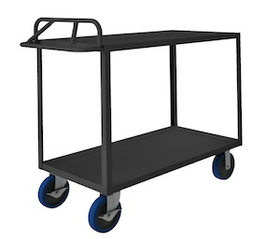 Durham RSCE-2436-2-3.6K-8PUSB-95 Rolling Service Cart with 8" x 2" Polyurethane casters, (2) rigid, (2) swivel with side brakes, 2 shelves, 1-1/2" lips up and an ergonomic tubular push handle