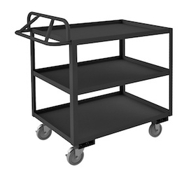 Durham RSCE-2436-3-95 Rolling Service Cart with 5" x 1-1/4" Polyurethane casters, (2) rigid and (2) swivel with side brakes, 3 shelves, 1-1/2" lips up and an ergonomic tubular push handle