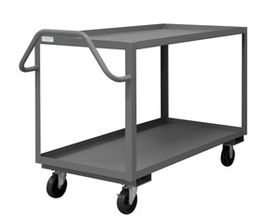 Durham RSCE1P-2448-2-5PO-95 Rolling Service Cart, 5" x 1-1/4" Polyolefin casters, (2) rigid, (2) swivel with side brakes, 2 shelves, 1-1/2" lips up and an ergonomic handle