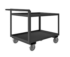Durham RSCR-243036-ALU-5PU-95 Rolling Service Cart, 5" x 1-1/4" Polyurethane casters, (2) rigid, (2) swivel with side brakes, 2 shelves, 1-1/2" lips up and a raised tubular handle