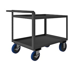 Durham RSCR243636ALU8PUSB95 Rolling Service Cart, 8" x 2" Polyurethane casters, (2) rigid and (2) swivel with side brakes, 2 shelves, 1-1/2" lips up on both shelves and a raised tubular handle