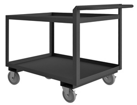Durham RSCR246036ALU5PU95 Rolling Service Cart with 5" x 1-1/4" Polyurethane casters, (2) rigid, (2) swivel with side brakes, 2 shelves, 1-1/2" lips up on both shelves and a raised tubular handle