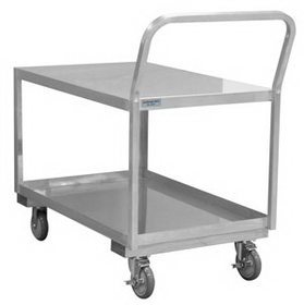 Durham SLDO16243625PU Stainless Low Deck Cart with 5" x 1-1/4" Polyurethane casters, (2) rigid and (2) swivel with side brakes, 2 shelves, 1-1/2" lips up on bottom shelf with raised offset handle