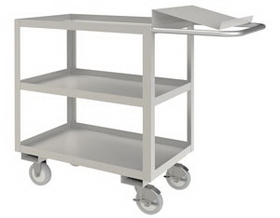 Durham SOPC1618303ALU5PU Stainless Order Picking Cart with 5" x 1-1/4" Polyurethane casters, (2) rigid and (2) swivel with side brakes, 3 shelves and a writing shelf, 18x30