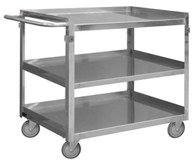 Durham SRSC12016243FLD4PU Stainless Steel Stock Cart with (4) 4" x 1-1/4" Polyurethane swivel casters, 3 shelves, 4 bumper guards, all 1" lips up except in the front and tubular push handle