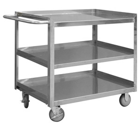 Durham SRSC1618303FLD5PU Stainless Steel Stock Cart with 5" x 1-1/4" Polyurethane casters, (2) rigid and (2) swivel with side brakes, 3 shelves, 18x30