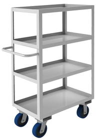 Durham SRSC1618304ALU6PU Stainless Steel Stock Cart with 6" x 2" Polyurethane casters, (2) rigid and (2) swivel, 4 shelves, all 1-1/2" lips up and tubular push handle