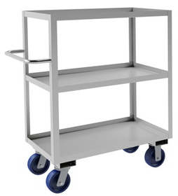 Durham SRSC1618363ALU6PU Stainless Steel Stock Cart with 6" x 2" Polyurethane casters, (2) rigid and (2) swivel with side brakes, 3 shelves, all 1-1/2" lips up and tubular push handle