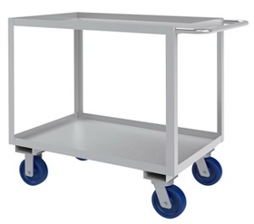 Durham SRSC1624362ALU6PU Stainless Steel Stock Cart with 6" x 2" Polyurethane casters, (2) rigid and (2) swivel, 2 shelves, all 1-5/8" lips up and tubular push handle