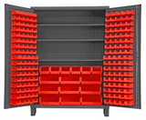 Durham SSC-185-3S-1795 Heavy Duty Cabinet, lockable with 3 adjustable shelves and 185 red Hook-On-Bins, with legs, flush door style, gray