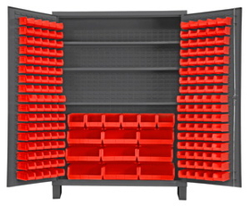 Durham SSC-185-3S-1795 Heavy Duty Cabinet, lockable with 3 adjustable shelves and 185 red Hook-On-Bins, with legs, flush door style, gray
