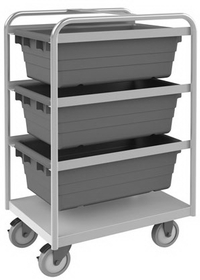 Durham STBR-183042-3-5PU Stainless Steel Tub Rack Cart with 5" x 1-1/4" Polyurethane casters, (2) rigid and (2) swivel with side brakes, (3) gray bins, tubular frame and support rails