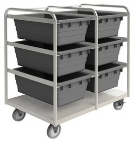 Durham STBR-303642-6-5PU Stainless Steel Tub Rack Cart with 5" x 1-1/4" Polyurethane casters, (2) rigid and (2) swivel with side brakes, (6) gray bins, tubular frame and support rails