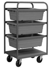 Durham TBR-183042-3-5PO-95 Tub Rack with 5" x 1-1/4" Polyolefin casters, (2) rigid and (2) swivel with side brakes and (3) gray bins with support frames and bottom shelf