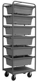 Durham TBR-183072-6-5PO-95 Tub Rack with 5" x 1-1/4" Polyolefin casters, (2) rigid and (2) swivel with side brakes and (6) gray bins with support frames and bottom shelf