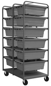 Durham TBR-303672-12-5PO-95 Tub Rack with 5" x 1-1/4" Polyolefin casters, (2) rigid and (2) swivel with side brakes and (12) gray bins with support frames and bottom shelf