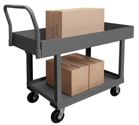 Durham WHPT624485PH95 2 Deck Platform Truck with 5" x 2" Phenolic bolt-on casters, (2) rigid and (2) swivel, 6" lips up on top and 1-1/2" on bottom with removable, tubular offset push handle, gray