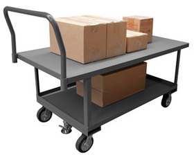 Durham WHPTFL24486MR95 2 Deck Platform Truck with 6" x 2" Mold-On-Rubber casters, (2) rigid and (2) swivel, floor lock with removable, tubular offset push handle, gray