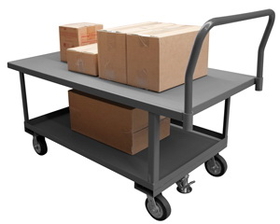 Durham WHPTFL30606MR95 2 Deck Platform Truck with 6" x 2" Mold-On-Rubber casters, (2) rigid and (2) swivel, floor lock with removable, tubular offset push handle, gray