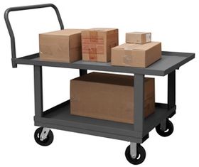Durham WHPTLU24486MR95 2 Deck Platform Truck with 6" x 2" Mold-On-Rubber casters, (2) rigid, and (2) swivel, all lips up with removable, tubular offset push handle, gray