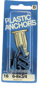 Hillman 6-8 x 3/4" Plastic Anchors - 16 Pack