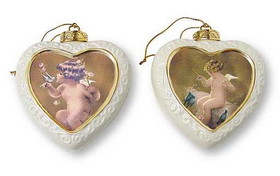 Bradford Exchange Christmas Ornaments by Bessie Pease Gutmann  Two Heart Shaped "Gentle Friends" & Enchanting Melody" BE-68862