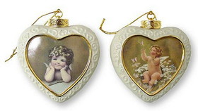 Bradford Exchange Christmas Ornaments by Bessie Pease Gutmann Two Heart Shaped "Tender Reflections & Peaceful Wings" BE-68865