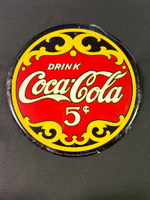 D. Lawless Hardware Coca Cola Round Black Yellow and Red Advertising Tin Signs"" COKRD1
