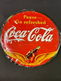 D. Lawless Hardware Coca Cola Advertising Tin - Round - "Pause...Go refreshed"