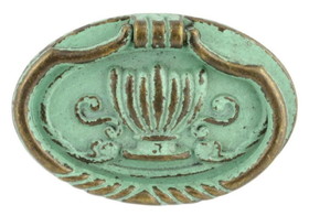D. Lawless Hardware 2-3/8" Oval Bail Pull with Decorative Crown Center Verdigris
