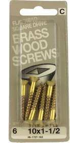 Hillman #10 X 1-1/2" Solid Brass Flat Square Drive Wood Screws 6-Pak H-06-1727-163