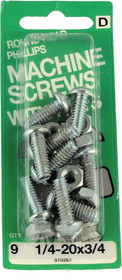 Hillman 1/4- 20x3/4" Round Head Machine Screws with Nuts - 9 Pack