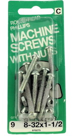 D. Lawless Hardware 8-32 x 1-1/2" Round Head Machine Screws with Nuts - 9 Pack