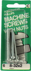 Hillman Round Head, Phillips, Machine Screws w/ Nuts, 8-32x2, 6 Pack H-970277
