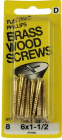 Hillman #6 x 1-1/2" Flat Head Brass Wood Screws - 8 Pack H-970383