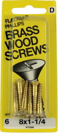 Hillman #8 x 1-1/4" Flat Head Brass Wood Screws - 6 Pack H-970386