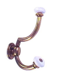 D. Lawless Hardware Coat Hook Ceramic Ends Two Prong Antique Brass - Back Mount H23-P2241AB
