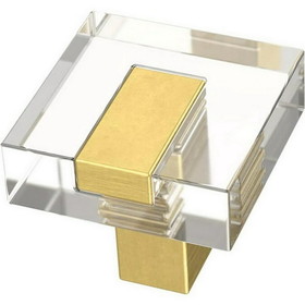 Brainerd 1-1/4" Square Modern Knob Brushed Brass and Clear Acrylic