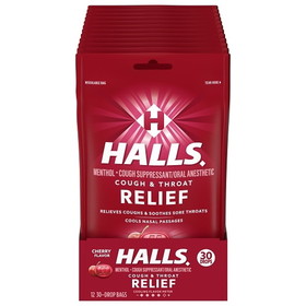 Halls Cherry Cough Drop Bag, 30 Count, 12 Per Box, 4 Per Case