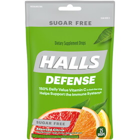 Halls Sugar Free Defense Assorted Citrus Cough Drops, 25 Count, 12 Per Box, 4 Per Case