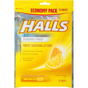 Halls Sugar Free Honey Lemon Cough Drops, 70 Count, 12 Per Case