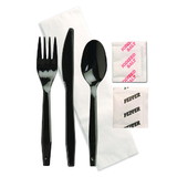 D & W Fine Pack Senate Knife, Fork, Spoon, Salt, Pepper, And Napkin Black Ebony Individually Wrapped Cutlery Kit, 250 Each, 1 per case