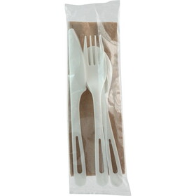 World Centric Tpla Compostable Corn Starch Individually Wrapped Knife, Fork, Spoon, &amp; Napkin Assorted Cutlery Kit, 250, 1 Per Case